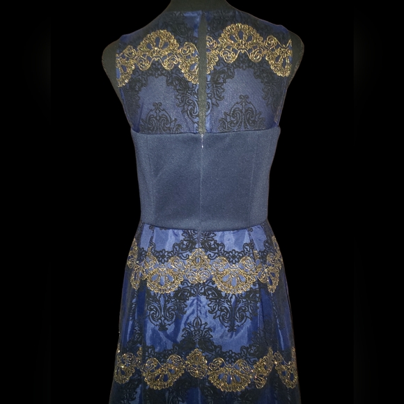 Studio One Navy Blue Dress w/ Black & Gold Embroidered Lace Overlay (Size 6) - Picture 8 of 16